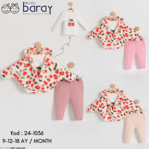 BARAY 1036 WELSOFT PELERIN KIRAZLI KIZ 3LÜ TAKIM