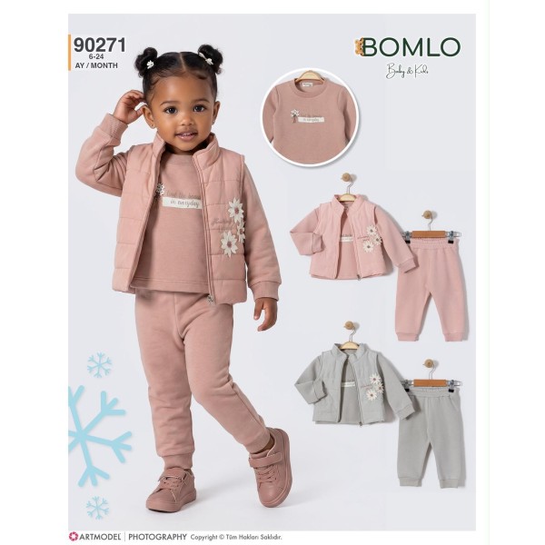 BOMLO 90271 FLOWERS GIRLS YELEKLI ÜÇLÜ TAKIM
