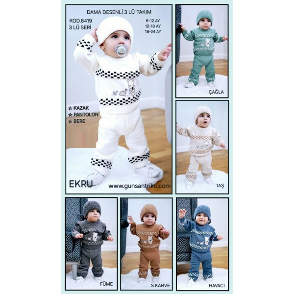 GÜNSAN 6419 DAMA DESENLI ŞAPKALI TRIKO TAKIM X3
