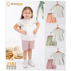 BEYAZ BEBEK 2381  DÜĞMELİ FIRFIRLI KIZ YAZLIK TAKIM